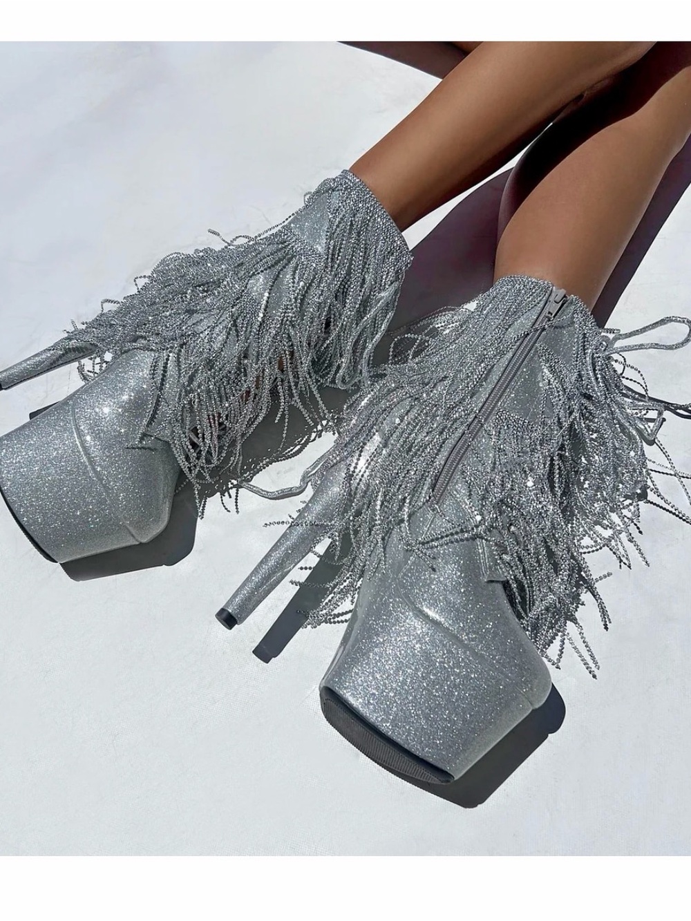 The Glitterati Chrome Cowgirl Platforms — Silver